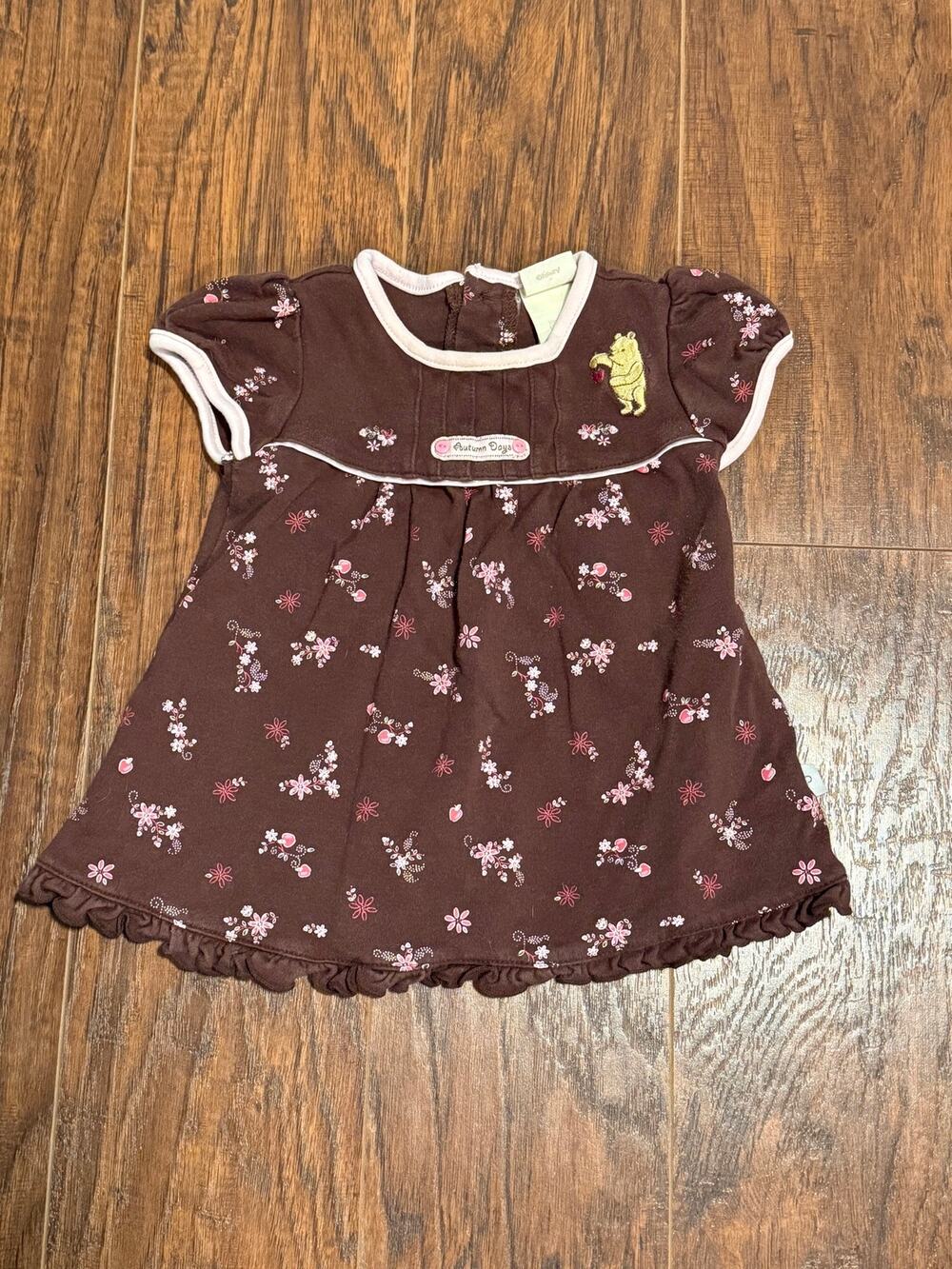 Vintage Classic Pooh Brown Pink Floral Autumn Days Dress - Size 6 mos